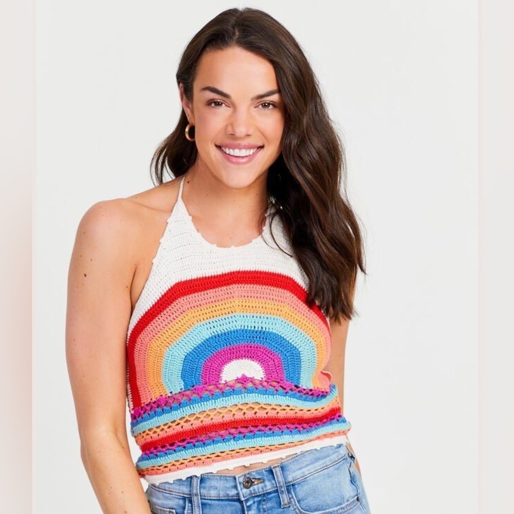 Altar'd State White Crochet Rainbow Halter Crop Top - Picture 1 of 9